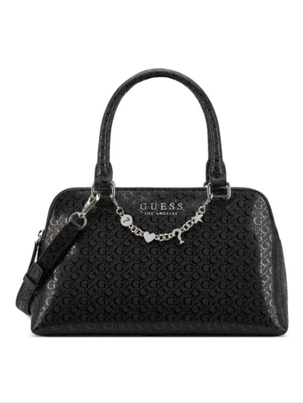 GUESS Black Logo-Print Satchel with Silver Charm Chain